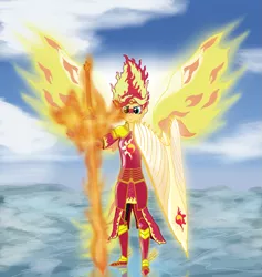 Size: 1231x1300 | Tagged: armor, artist:featherbook, bleach (manga), crossover, cutie mark, derpibooru import, fanfic, fanfic art, fanfic:friendship souls, fiery shimmer, fiery wings, fire, fire hair, flaming sword, human, ice, looking at you, mane of fire, safe, shield, smiling, smirk, sunset shimmer, sword, weapon, wings