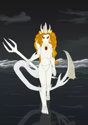 Size: 1333x1901 | Tagged: adagio dazzle, armor, artist:featherbook, bleach (manga), crossover, derpibooru import, fanfic, fanfic art, fanfic:friendship souls, looking at you, safe, siren, solo, tail, trident, walking on water