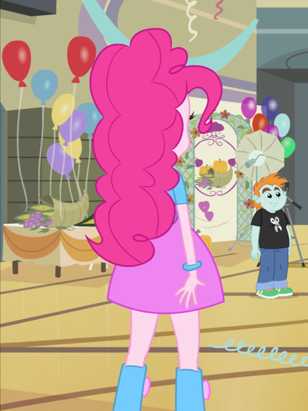 Size: 1536x2048 | Tagged: safe, derpibooru import, screencap, pinkie pie, snips, equestria girls, equestria girls (movie), balloon, bracelet, camera, clothes, corn, food, grapes, jewelry, pumpkin, rear view, skirt, streamers