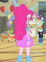 Size: 1536x2048 | Tagged: safe, derpibooru import, screencap, pinkie pie, snips, equestria girls, equestria girls (movie), balloon, bracelet, camera, clothes, corn, food, grapes, jewelry, pumpkin, rear view, skirt, streamers