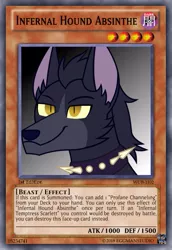 Size: 419x610 | Tagged: artist:wubcakeva, card, ccg, collar, derpibooru import, edit, hellhound, oc, part of a set, safe, solo, spiked collar, trading card, trading card edit, unofficial characters only, yu-gi-oh!