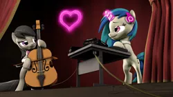 Size: 1920x1080 | Tagged: safe, artist:jachau, derpibooru import, octavia melody, vinyl scratch, earth pony, pony, unicorn, 3d, bow (instrument), cello, cello bow, female, glowing horn, headphones, heart, horn, lesbian, looking at each other, magic, mare, musical instrument, necktie, scratchtavia, shipping, smiling, source filmmaker, stage