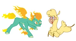 Size: 1367x735 | Tagged: alpaca, artist:moeclere, community related, derpibooru import, dragon, hopping, hybrid, longma, mane of fire, paprika paca, safe, them's fightin' herds, tianhuo