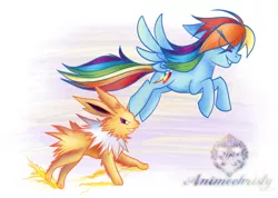 Size: 1024x731 | Tagged: safe, artist:animechristy, derpibooru import, rainbow dash, jolteon, pegasus, pony, crossover, female, flying, mare, multicolored hair, pokémon, smiling