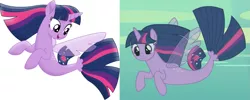 Size: 1473x588 | Tagged: alicorn, comparison, derpibooru import, my little pony: the movie, safe, screencap, seaponified, seapony (g4), seapony twilight, season 8, species swap, spoiler:s08, surf and/or turf, twilight sparkle, twilight sparkle (alicorn)