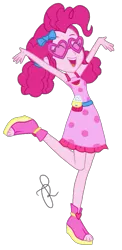 Size: 997x2048 | Tagged: safe, artist:ilaria122, derpibooru import, pinkie pie, equestria girls, equestria girls series, spring breakdown, spoiler:eqg series (season 2), bow, clothes, dress, hair bow, pigtails, pink, raised arms, raised leg, simple background, solo, sunglasses, transparent background