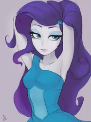 Size: 663x888 | Tagged: safe, artist:ehfa, derpibooru import, rarity, equestria girls, equestria girls (movie), armpits, bedroom eyes, breasts, clothes, dress, eyeshadow, fall formal outfits, female, gray background, makeup, sexy, simple background, solo