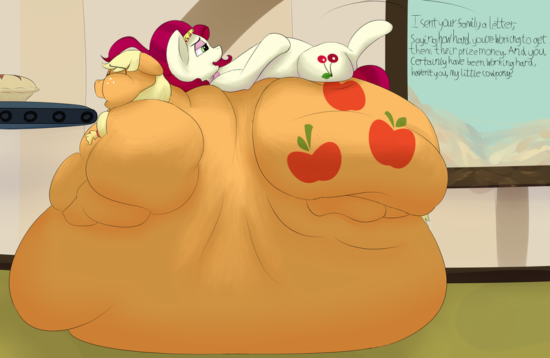 Size: 3837x2500 | Tagged: amplejack, applefat, applejack, artist:lupin quill, bedroom eyes, belly, belly bed, big belly, bingo wings, blog, cherryjack, cherry jubilee, cherry pie (food), chubby cheeks, conveyor belt, derpibooru import, dialogue, eyes closed, fat, feedee, feeder, feeding, female, flabby chest, floppy ears, food, huge belly, immobile, impossibly large belly, large butt, lesbian, missing accessory, morbidly obese, obese, open mouth, pie, questionable, rolls of fat, series:desire (weight gain), shipping, stretched cutie mark, weight gain, weight gain sequence
