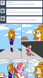 Size: 800x1433 | Tagged: safe, artist:jake heritagu, derpibooru import, adagio dazzle, oc, oc:honeycrisp blossom, comic:aria's archives, equestria girls, ask, backpack, clothes, comic, offspring, parent:big macintosh, parent:princess cadance, parents:cadmac, sidewalk, tumblr