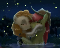 Size: 3300x2650 | Tagged: safe, artist:greenbrothersart, derpibooru import, bright mac, pear butter, firefly (insect), insect, blushing, brightbutter, eyes closed, female, kissing, male, night, pond, romantic, shipping, straight