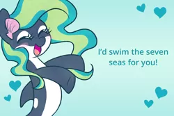 Size: 1800x1200 | Tagged: safe, artist:dawnfire, derpibooru import, oc, oc:marina (efnw), unofficial characters only, orca, orca pony, original species, pony, sea pony, cute, everfree northwest, eyes closed, female, heart, holiday, mare, ocbetes, smiling, solo, valentine's day