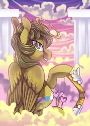 Size: 600x840 | Tagged: safe, artist:breioom, derpibooru import, oc, oc:escuda, unofficial characters only, pegasus, pony, angel, arrow, bow (weapon), bow and arrow, cloud, cloudy, cupid, female, halo, hearts and hooves day, holiday, looking at you, looking back, mare, solo, valentine's day, weapon