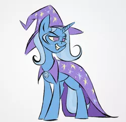Size: 1844x1792 | Tagged: safe, artist:akweer, derpibooru import, trixie, pony, unicorn, cape, clothes, female, grin, hat, mare, no pupils, simple background, smiling, solo, trixie's cape, trixie's hat, white background
