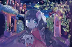 Size: 1156x752 | Tagged: safe, artist:windymils, derpibooru import, oc, unofficial characters only, dog, pony, :3, aodai (clothing), clothes, female, flag, flower, flower in hair, lantern, looking at you, lunar new year, mare, night, puppy, robe, smiling, solo, town, vietnam, vietnamese, vietnamese new year, village