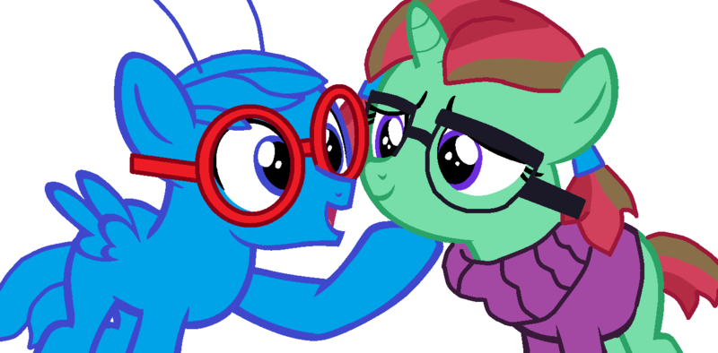 Size: 1317x649 | Tagged: barry the fly, clothes, coltfriend, derpibooru import, glasses, marefriend, oc, oc:straight a's, oc x oc, pigtails, safe, shipping, sweater