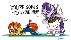 Size: 2979x1684 | Tagged: safe, artist:bobthedalek, derpibooru import, starlight glimmer, sunburst, pony, unicorn, angry, arrow, bow (weapon), clothes, costume, cross-popping veins, cupid, female, glasses, heart eyes, holiday, male, mare, possessive, quiet, quiver, ragelight glimmer, robe, shipping, shoes, simple background, skirt, stallion, starburst, straight, valentine's day, vein bulge, white background, wingding eyes, yandere, yandere glimmer, you're going to love me