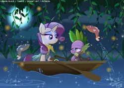 Size: 1200x848 | Tagged: safe, artist:lennonblack, derpibooru import, rarity, spike, dragon, firefly (insect), fish, insect, pony, boat, clothes, cute, disney, dress, female, full moon, lake, male, moon, moonlight, neckerchief, night, oar, romantic, rowboat, shipping, sparity, straight, the little mermaid, water