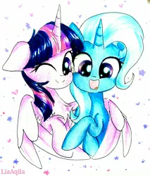 Size: 1122x1320 | Tagged: safe, artist:liaaqila, derpibooru import, trixie, twilight sparkle, twilight sparkle (alicorn), alicorn, cute, diatrixes, female, holiday, hug, lesbian, shipping, twiabetes, twixie, valentine's day, winghug