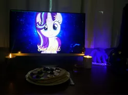 Size: 4208x3120 | Tagged: safe, derpibooru import, starlight glimmer, pony, unicorn, alcohol, blueberries, candle, food, holiday, irl, pancakes, photo, solo, valentine, valentine's day, waifu dinner, whiskey