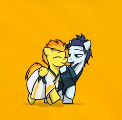 Size: 540x532 | Tagged: safe, artist:captainhoers, derpibooru import, soarin', spitfire, pegasus, pony, ask firestarter spitfire, clothes, cute, duo, female, male, orange background, shipping, simple background, smiling, soarinfire, straight