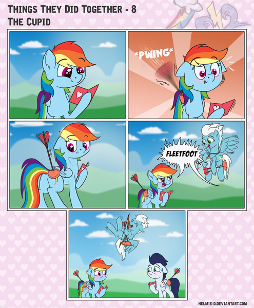 Size: 1600x1940 | Tagged: safe, artist:helmie-art, derpibooru import, fleetfoot, rainbow dash, soarin', pegasus, pony, comic:things they did together, arrow, bow (weapon), bow and arrow, comic, cupid, cute, dashabetes, dialogue, female, fleetfoot the shipper, flying, holiday, laughing, looking at each other, male, mare, multicolored hair, shipper on deck, shipping, smiling, soarindash, speech bubble, stallion, straight, suction cup, sunburst background, valentine's day, weapon