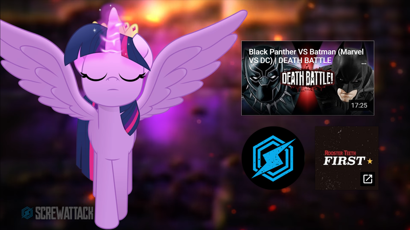 Size: 1768x992 | Tagged: alicorn, batman, black panther, death battle, death battle!: raven vs twilight sparkle, derpibooru import, exploitable meme, meme, safe, screenshots, screwattack.com, twilight sparkle, twilight sparkle (alicorn)