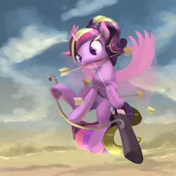 Size: 878x878 | Tagged: safe, artist:bakuel, derpibooru import, princess cadance, alicorn, pony, arrow, bow (weapon), bow and arrow, cupid, cupidance, female, flying, horn, mare, princess, quiver, solo, weapon, wings