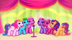 Size: 1280x720 | Tagged: cheerilee (g3), core seven, derpibooru import, g3, make a new friend every day, meet the ponies, microphone, pinkie pie, pinkie pie (g3), rainbow dash, rainbow dash (g3), safe, scootaloo, scootaloo (g3), screencap, singing, stage, starsong, starsong's dance & sing party, sweetie belle (g3), toola roola