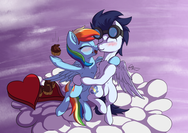 Size: 4960x3507 | Tagged: safe, artist:calena, derpibooru import, rainbow dash, soarin', pegasus, pony, absurd resolution, blushing, chocolate, cloud, cute, female, food, goggles, heart, holiday, hug, love, male, mare, muffin, present, shipping, sky, soarindash, stallion, straight, valentine's day