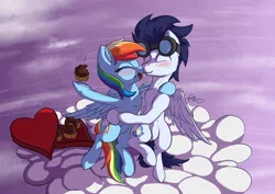 Size: 4960x3507 | Tagged: safe, artist:calena, derpibooru import, rainbow dash, soarin', pegasus, pony, absurd resolution, blushing, chocolate, cloud, cute, female, food, goggles, heart, holiday, hug, love, male, mare, muffin, present, shipping, sky, soarindash, stallion, straight, valentine's day