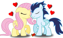 Size: 3521x2133 | Tagged: safe, derpibooru import, fluttershy, soarin', pegasus, pony, cute, eyes closed, female, flower, heart, male, mare, nuzzling, raised hoof, rose, shipping, simple background, smiling, soarinshy, stallion, straight, transparent background, vector