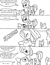 Size: 837x1097 | Tagged: safe, artist:closer-to-the-sun, derpibooru import, apple bloom, spike, dragon, angry, apple bloom's bow, blank flank, blushing, bow, caught, comic, cute, female, filly, hair bow, kissing, male, monochrome, pinned down, shipping, smooch, speech bubble, spikebloom, straight