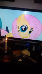 Size: 1836x3264 | Tagged: safe, derpibooru import, fluttershy, pegasus, pony, candle, coca-cola, computer, food, hearts and hooves day, holiday, irl, photo, solo, valentine's day, waifu dinner