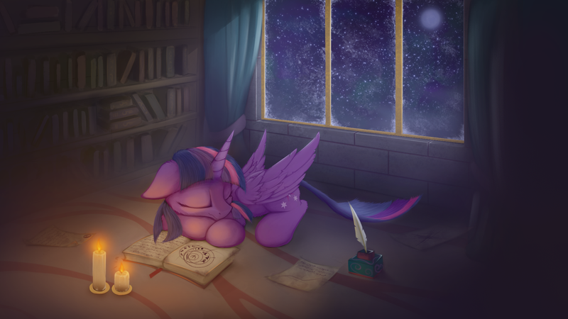 Size: 1920x1080 | Tagged: alicorn, artist:hitbass, book, bookshelf, candle, cute, derpibooru import, moon, quill, safe, sleeping, snow, solo, twiabetes, twilight sparkle, twilight sparkle (alicorn), wallpaper, window