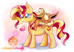 Size: 1024x731 | Tagged: safe, artist:animechristy, derpibooru import, sunset shimmer, flareon, pony, unicorn, crossover, cute, nintendo, pokémon, shimmerbetes, wavy mouth