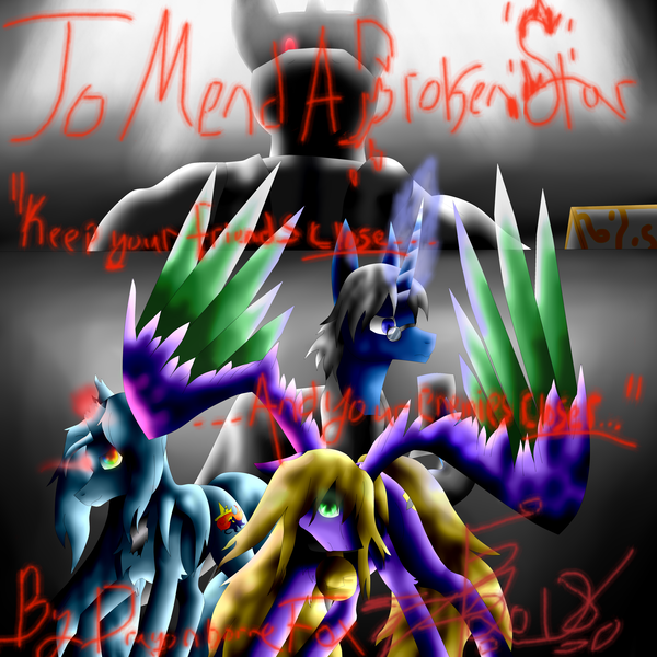 Size: 5800x5800 | Tagged: safe, artist:florarena-kitasatina/dragonborne fox, derpibooru import, ponified, pegasus, pony, unicorn, 200% mixed juice, absurd resolution, augmented, bell, black background, bladed wings, broken horn, collar, cover art, crossover, dat mane tho, edgy, fanfic:to mend a broken star, glowing eyes, glowing eyes of doom, glowing horn, head tilt, horn, looking at you, male, ow the edge, plaque, rainbow eyes, red eyes take warning, simple background, sora (sora), spread wings, stallion, starbreaker (sora), staring into your soul, tagline, technicolor eyes, text, watermark, wings, yukito (sora)