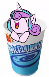 Size: 1043x1613 | Tagged: safe, artist:duskwing5, derpibooru import, princess flurry heart, alicorn, pony, cup, cup of pony, cute, eyes closed, flurrybetes, foal, happy, leaning, mcdonald's, mcflurry, micro, open mouth, photoshop, princess mcflurry, pun, simple background, smiling, solo, white background