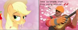 Size: 600x230 | Tagged: apple, applejack, artist needed, crossover, derpibooru import, engineer, food, holiday, love, romance, romantic, suggestive, suggestive eating, team fortress 2, valentine's day
