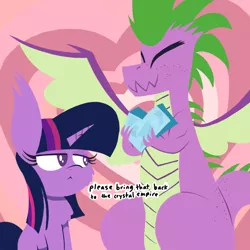 Size: 1000x1000 | Tagged: safe, artist:dragonpone, derpibooru import, spike, twilight sparkle, dragon, pony, unicorn, :<, abstract background, butt freckles, cheek fluff, chest fluff, crystal heart, cute, dialogue, ear tufts, eyebrows visible through hair, eyes closed, female, fluffy, freckles, happy, heart, lidded eyes, male, mare, older, older spike, present, raised eyebrow, sharp teeth, shipping, sitting, smiling, spikabetes, spread wings, straight, teenage spike, teenager, teeth, text, twispike, unamused, unicorn twilight, wavy mouth, winged spike, wings, xk-class end-of-the-world scenario