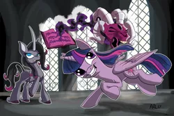 Size: 1024x683 | Tagged: safe, artist:lytlethelemur, derpibooru import, fhtng th§ ¿nsp§kbl, oleander (tfh), twilight sparkle, twilight sparkle (alicorn), alicorn, classical unicorn, pony, sheep, unicorn, them's fightin' herds, book, cloven hooves, community related, crossover, curved horn, dark magic, fight, fred, horn, leonine tail, magic, male, open mouth, ram, spellbook, teeth, temple, unicornomicon, unshorn fetlocks