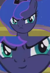Size: 1156x1687 | Tagged: safe, derpibooru import, edit, edited screencap, screencap, princess luna, alicorn, pony, a royal problem, :c, >:), >:c, adorable face, amused, at first i was like but then i was like, cute, evil grin, faic, female, frown, frown upside down, grin, grumpy luna, inverted mouth, luna is not amused, princess luna is amused, smiling, solo, unamused