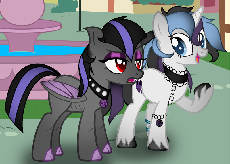 Size: 2146x1530 | Tagged: safe, artist:thecreativeenigma, derpibooru import, oc, oc:nightshade (angelofthewisp), oc:sugar skull (angelofthewisp), unofficial characters only, bat pony, pony, unicorn, female, mare