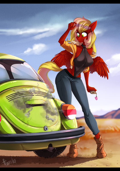 Size: 2126x3029 | Tagged: source needed, safe, artist:crazy-leg, derpibooru import, oc, oc:green blaze, unofficial characters only, anthro, pegasus, plantigrade anthro, :|, car, clothes, cloud, glasses, high res, high-cut clothing, image, jacket, jeans, leotard, pants, phone, png, signature, solo, thong leotard, volkswagen, volkswagen beetle, wings