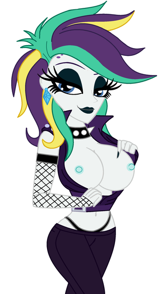 Size: 1370x2455 | Tagged: questionable, artist:cbear624, derpibooru import, rarity, equestria girls, it isn't the mane thing about you, alternate hairstyle, bedroom eyes, belly button, big breasts, bimbo, black underwear, breasts, busty rarity, clothes, ear piercing, earring, exposed breasts, eyeshadow, female, fishnets, image, jewelry, lipstick, looking at you, makeup, nipples, panties, partial nudity, piercing, png, punk, raripunk, simple background, smiling, solo, solo female, thong, topless, underwear, white background
