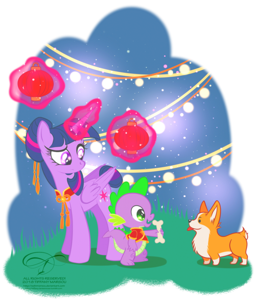 Size: 1114x1340 | Tagged: safe, artist:tiffanymarsou, derpibooru import, spike, twilight sparkle, twilight sparkle (alicorn), alicorn, corgi, dog, pony, chinese new year, year of the dog