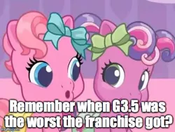 Size: 480x360 | Tagged: caption, cheerilee (g3), derpibooru import, edit, edited screencap, g3.75, image macro, meme, newborn cuties, pinkie pie (g3), safe, screencap, shitposting, text