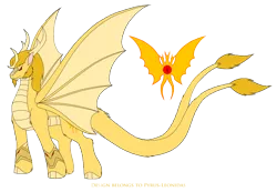 Size: 2831x1963 | Tagged: safe, artist:pyrus-leonidas, derpibooru import, ponified, kaiju, kirin, winged kirin, fanfic:the bridge, fanfic art, gauntlet, godzilla (series), image, king ghidorah, png, simple background, solo, transparent background, two tails