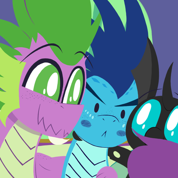 Size: 1000x1000 | Tagged: safe, alternate version, artist:dragonpone, derpibooru import, princess ember, spike, thorax, changeling, dragon, >:<, bisexual, blush sticker, blushing, close-up, dragoness, embarrassed, emberspike, embrax, female, freckles, gay, group hug, hug, interspecies, male, older, older spike, polyamory, shipping, shoulder freckles, smiling, spembrax, straight, teenage spike, teenager, thoraxspike, trio, winged spike, winghug