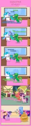 Size: 1205x4879 | Tagged: safe, artist:estories, derpibooru import, big macintosh, princess celestia, sugar belle, twilight sparkle, twilight sparkle (alicorn), oc, oc:lime dream, alicorn, ghost, pony, undead, ><, cake, comb, comic, eating, eyes closed, food, glados, magic, necktie, pointy ponies, portal (valve)