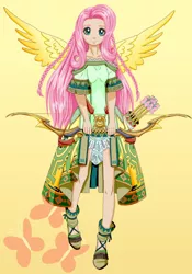 Size: 1592x2269 | Tagged: artist:erim-kawamori, bow (weapon), clothes, cutie mark background, derpibooru import, dress, fluttershy, human, humanized, safe, solo, winged humanization, wings